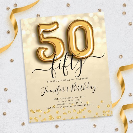 Gold Balloon Glitter 50th Birthday Party Invite Flyer