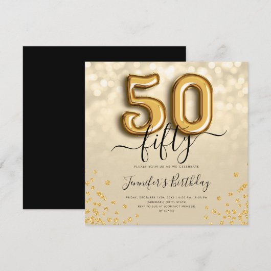 Gold Balloon Glitter 50th Birthday Party Invite Kaart (Voorkant / Achterkant)