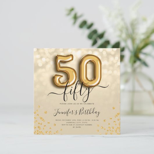 Gold Balloon Glitter 50th Birthday Party Invite Kaart (Staand voorkant)