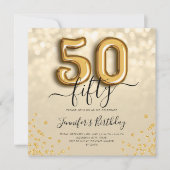 Gold Balloon Glitter 50th Birthday Party Invite Kaart (Voorkant)