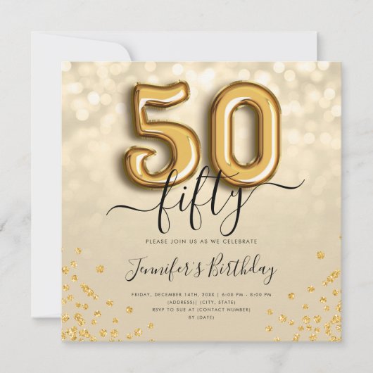 Gold Balloon Glitter 50th Birthday Party Invite Kaart (Voorkant)