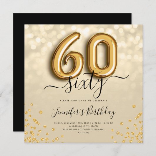Gold Balloon Glitter 60th Birthday Party Invite Kaart (Voorkant / Achterkant)