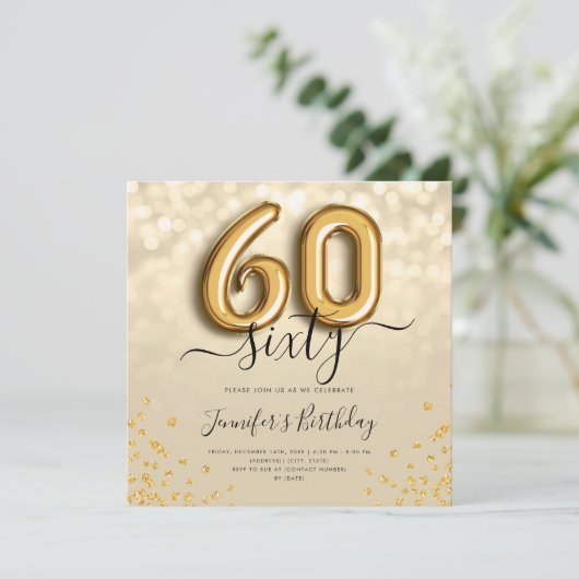 Gold Balloon Glitter 60th Birthday Party Invite Kaart (Staand voorkant)