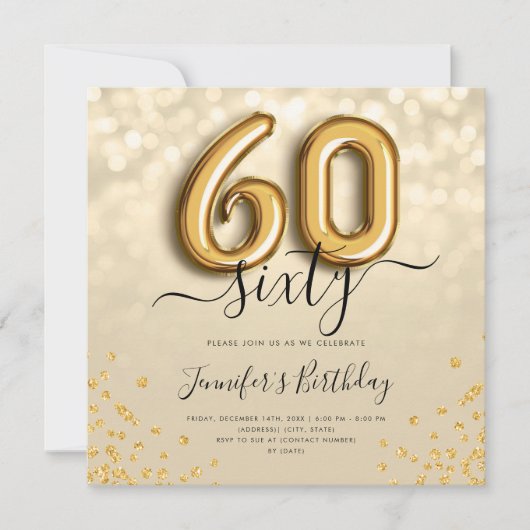 Gold Balloon Glitter 60th Birthday Party Invite Kaart (Voorkant)
