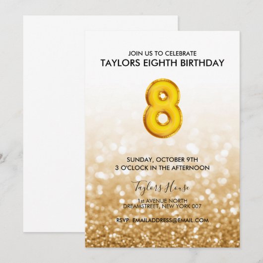 Gold Balloon Glitter 8th Birthday Party Kaart (Voorkant / Achterkant)