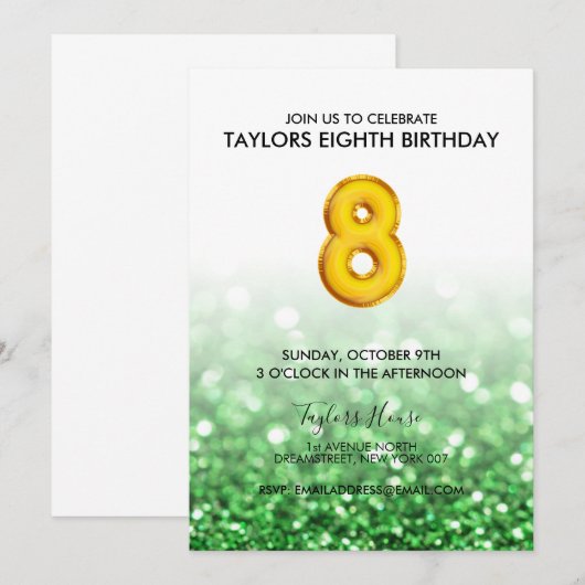 Gold Balloon Green Glitter 8e verjaardagsfeest Kaart (Voorkant / Achterkant)