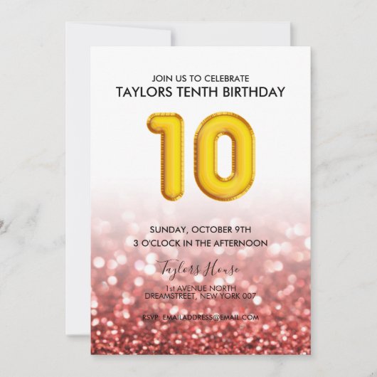 Gold Balloon Red Glitter 10th Birthday Party Kaart (Voorkant)