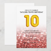 Gold Balloon Red Glitter 10th Birthday Party Kaart (Voorkant / Achterkant)