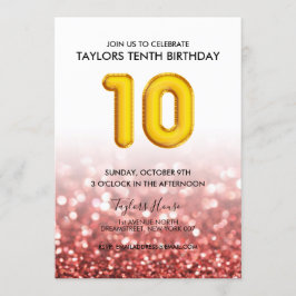 Gold Balloon Red Glitter 10th Birthday Party Kaart
