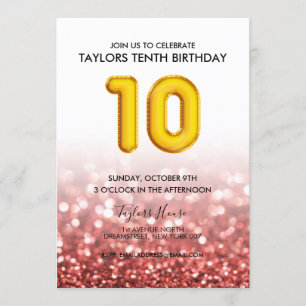 Gold Balloon Red Glitter 10th Birthday Party Kaart