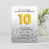 Gold Balloon Silver Glitter 10th Birthday Party Kaart (Staand voorkant)