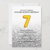 Gold Balloon Silver Glitter 7th Birthday Party Kaart (Voorkant)