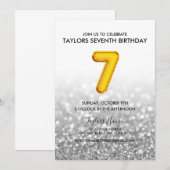 Gold Balloon Silver Glitter 7th Birthday Party Kaart (Voorkant / Achterkant)