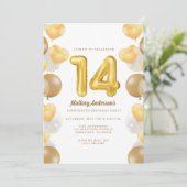 Gold Balloons 14e uitnodiging van de Birthday Part (Staand voorkant)