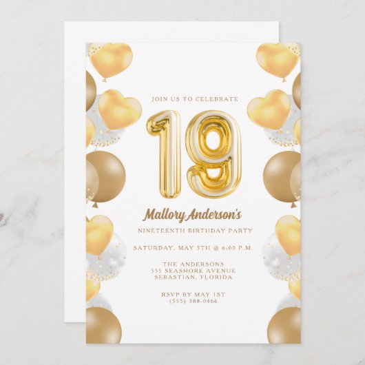 Gold Balloons 19e verjaardag Kaart (Voorkant / Achterkant)