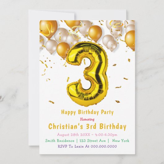 Gold Balloons 3rd Birthday-uitnodigingen (Voorkant)