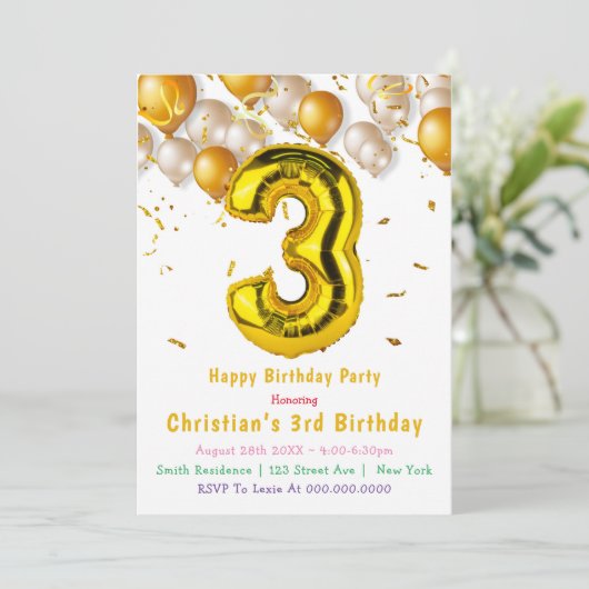 Gold Balloons 3rd Birthday-uitnodigingen (Staand voorkant)