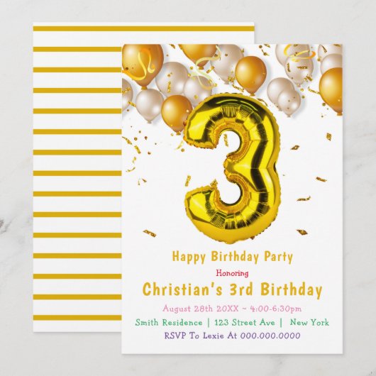 Gold Balloons 3rd Birthday-uitnodigingen (Voorkant / Achterkant)