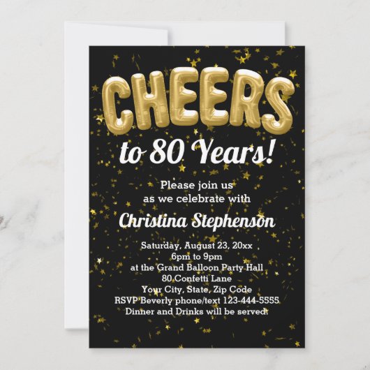 Gold Balloons Cheers tot 80 jaar 80e verjaardag Kaart (Voorkant)