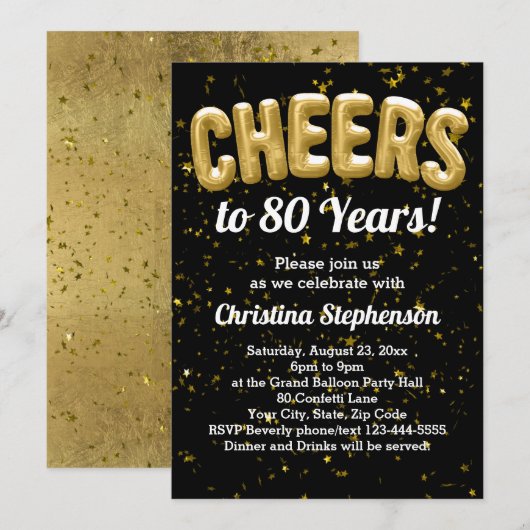 Gold Balloons Cheers tot 80 jaar 80e verjaardag Kaart (Voorkant / Achterkant)