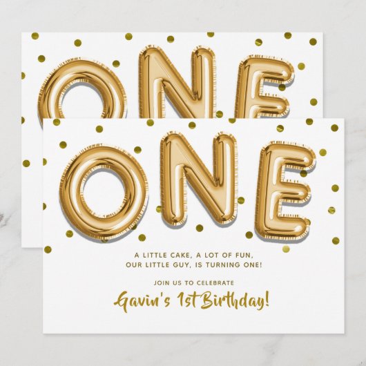 Gold Balloons en Confetti, een eerste verjaardag Kaart (Voorkant / Achterkant)