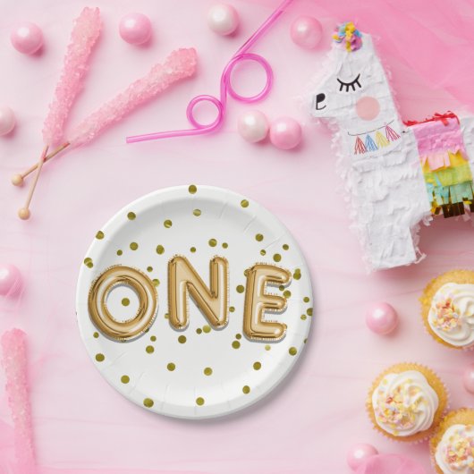 Gold Balloons en Confetti, een eerste verjaardag Papieren Bordje (Feest)