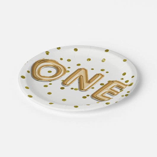 Gold Balloons en Confetti, een eerste verjaardag Papieren Bordje (Gekanteld)