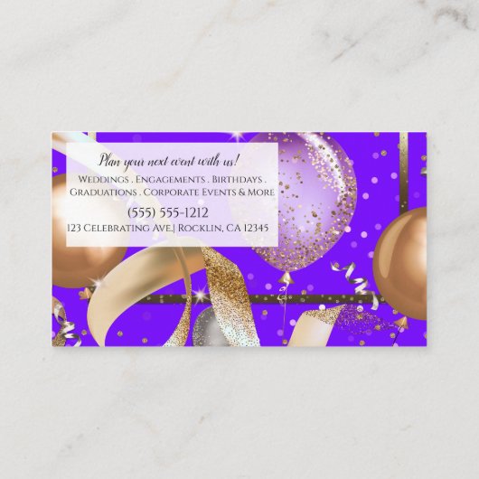 Gold Balloons Paarse Party Evenementenplanner Visitekaartje (Achterkant)