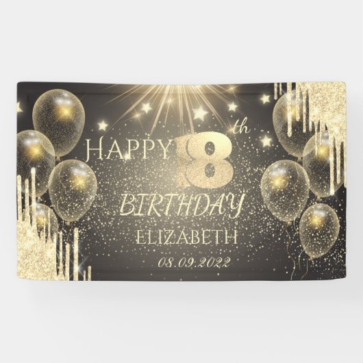 Gold Balloons Stars Glitter Drip 18th Birthday Spandoek (Horizontaal)