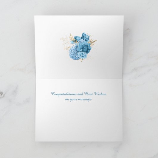 Gold Banner met Blue Flowers Wedding Kaart (Binnen)