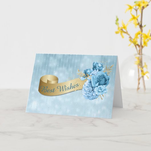 Gold Banner met Blue Flowers Wedding Kaart (Gele Bloem)