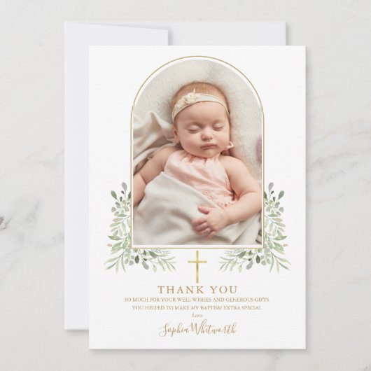 Gold Baptism Christening Greenery Arch Foto Bedankkaart (Voorkant)