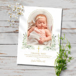 Gold Baptism Christening Greenery Arch Foto Bedankkaart<br><div class="desc">Gold signature baptism christening foto bedankt je kaart. personaliseer uw foto en speciaal baptisme door christenen te bedanken voor uw boodschap in het kic gold lettering over dit moderne elegante ontwerp met een elegante goudvorst en een waterverf groen foliage. Ontworpen door: Thisnotme©</div>