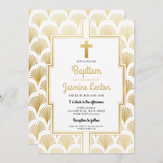 Gold Baptism Cross Christening Twenties Art Deco Kaart (Voorkant / Achterkant)