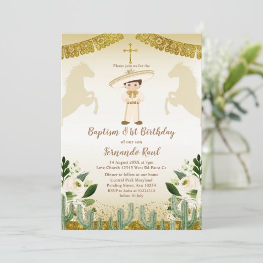 Gold Baptism First Birthday Mexican Floral Kaart (Staand voorkant)