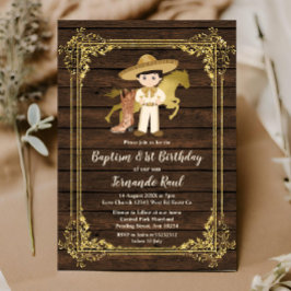 Gold Baptism First Birthday Mexican Rustic Wood Kaart