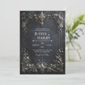 Gold Baroque Frame Blue Gem Dark Teal Wedding Kaart (Staand voorkant)