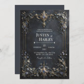 Gold Baroque Frame Blue Gem Dark Teal Wedding Kaart (Voorkant / Achterkant)