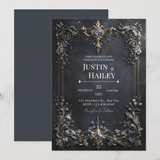 Gold Baroque Frame Blue Gem Dark Teal Wedding Kaart (Voorkant / Achterkant)