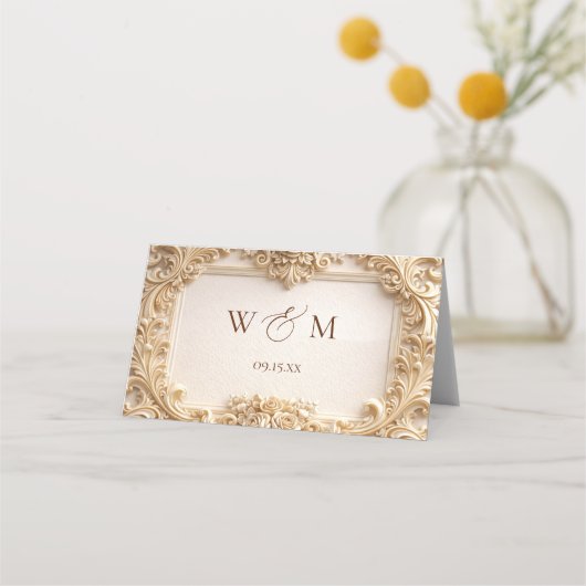 Gold Baroque Monogram Frame Ivory Place Card Plaatskaartje (Achterkant)