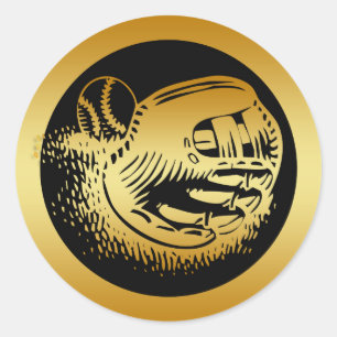 GOLD BASEBALL GLOVE EN BALL RONDE STICKER