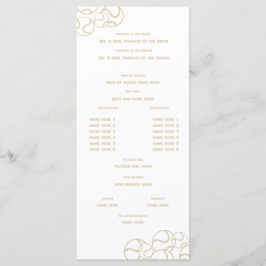 Gold Baseball Trouwprogramma Programmakaart (Achterkant)