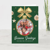 Gold Bauble Familiefoto, groene achtergrond Feestdagen Kaart (Voorkant)