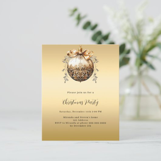 Gold bauble vintage kerstfeest uitnodiging (Staand voorkant)