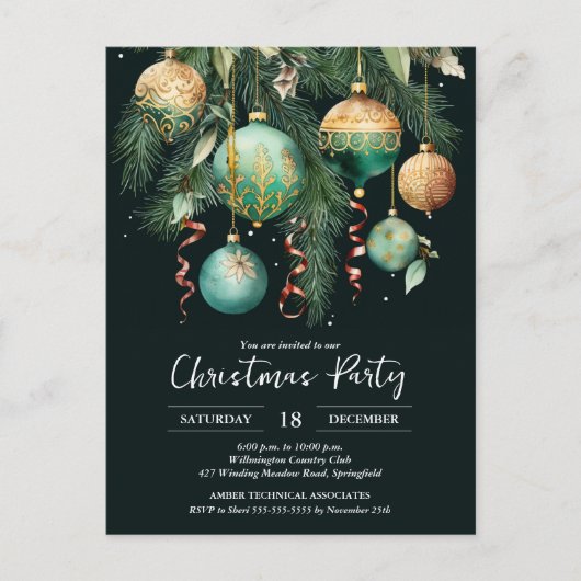 Gold Baubles Christmas Tree Party Invitation Briefkaart (Voorkant)