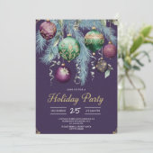 Gold Baubles Christmas Tree Party Invitation Kaart (Staand voorkant)