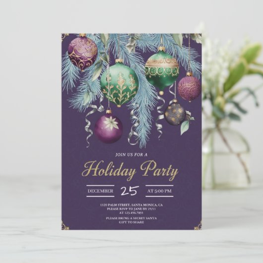 Gold Baubles Christmas Tree Party Invitation Kaart (Staand voorkant)
