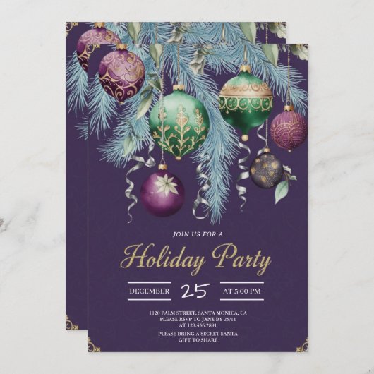 Gold Baubles Christmas Tree Party Invitation Kaart (Voorkant / Achterkant)