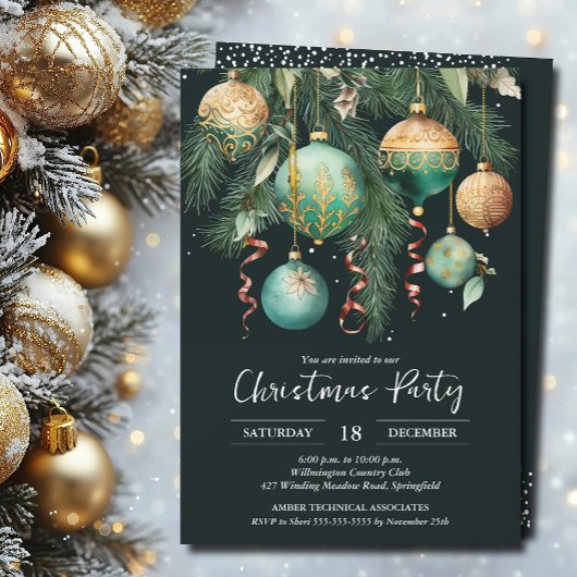 Gold Baubles Christmas Tree Party Invitation Kaart