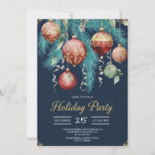 Gold Baubles Christmas Tree Party Invitation Kaart (Voorkant)